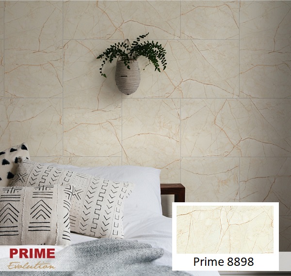 Trang trí không gian phòng ngủ bằng mẫu gạch dán tường Prime giả đá 8898 màu vàng cam