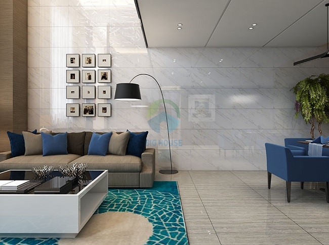 Nhà cấp 4 với không gian phòng khách được trang trí bằng mẫu gạch ốp màu trắng nền nã