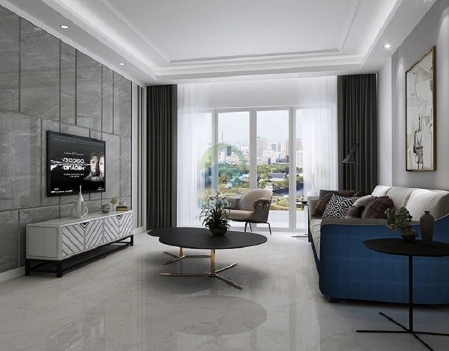 Gạch trang trí có họa tiết đơn giản sẽ giúp tối ưu hóa không gian phòng khách cho các căn hộ chung cư
