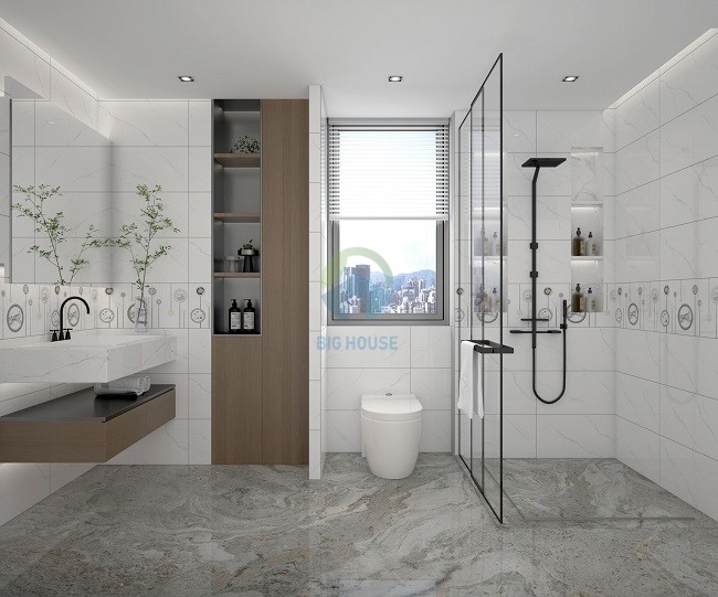 Áp dụng công nghệ in KTS hiện đại, mẫu gạch 30x60 Tasa 7014 khắc họa rõ nét vẻ đẹp hiện đại của không gian nhà vệ sinh