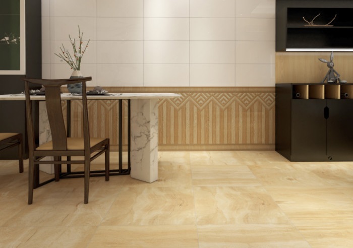 Phòng khách thiết kế theo phong cách cổ điển nên sử dụng gạch ốp chân tường vân gỗ đối xứng