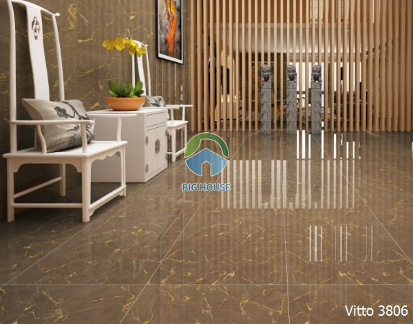 Gạch porcelain 600x1200 lát sàn nhà Vitto 3806 màu nâu, bề mặt khắc kim Carving nhũ vàng đẹp ấn tượng
