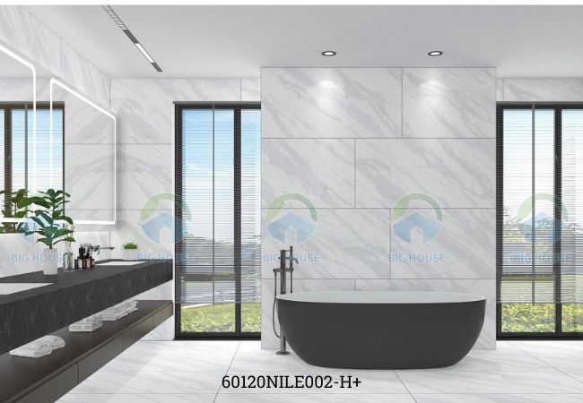Mẫu gạch ốp tường khổ lớn 60x120 trắng vân đá của Đồng Tâm mang đến sự hoàn thiện cho phòng tắm lớn