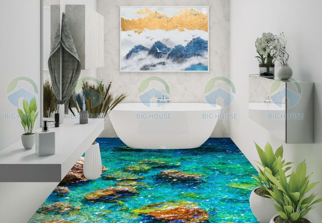 Mẫu gạch lát nhà tắm 3D với sắc xanh thăm thẳm của biển khơi khiến ai cũng phải trầm trồ khen ngợi