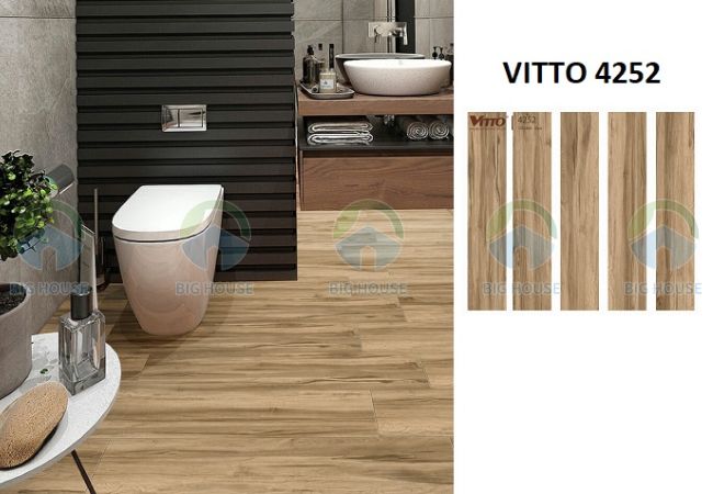 Trang trí không gian bằng mẫu gạch lát nền nhà tắm 4252 của Vitto vân gỗ nâu ấm áp