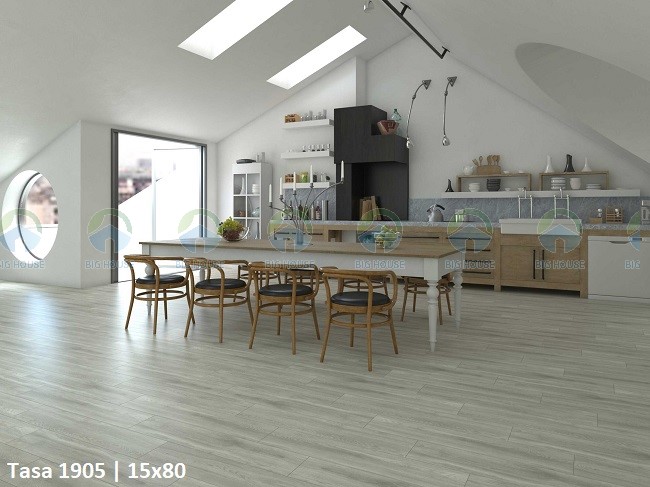 Mẫu gạch Tasa lát sàn 15x80 giả gỗ màu xám kiến tạo nên không gian nhà bếp rộng rãi, sạch sẽ