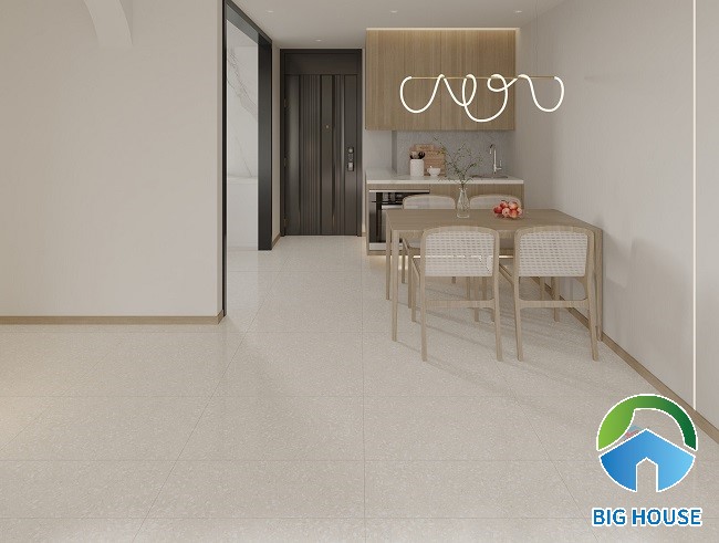 Sàn phòng ăn được tô điểm bởi mẫu gạch lát Ý Mỹ N88023 với tone màu nhẹ nhàng