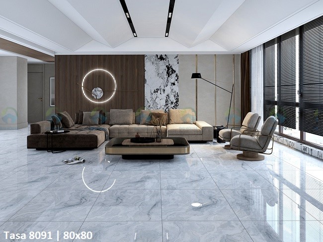 Những gia chủ mệnh Kim có thể lựa chọn mẫu gạch lát sàn Tasa 80x80 màu xám trắng cho phòng khách
