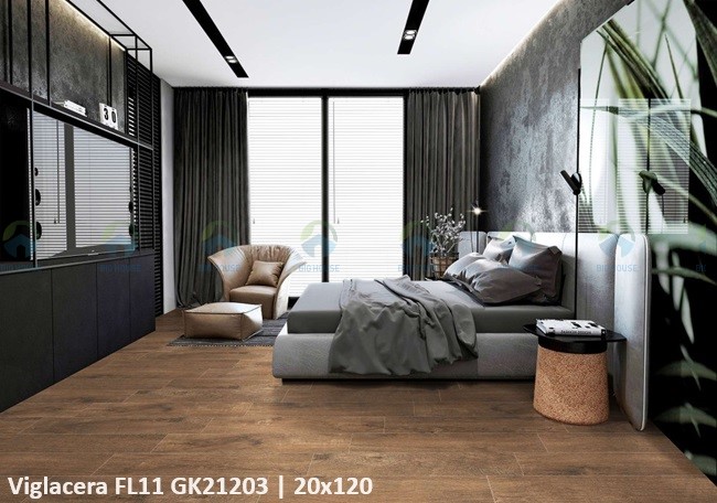Mẫu gạch lát nền phòng ngủ giả gỗ Viglacera 20x120 với những đường vân được khắc họa sắc nét, chân thực