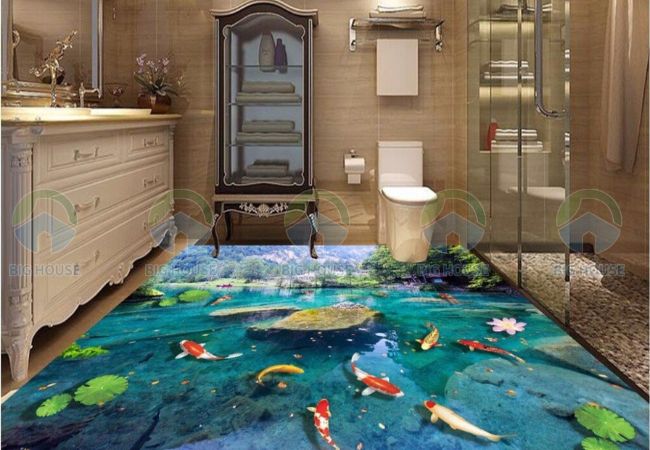 Gạch lát nền 3D hình hồ cá Koi mô tả một hồ cá thu nhỏ giúp căn phòng trở nên sống động hơn hẳn