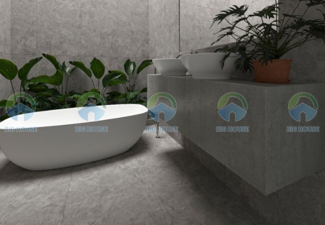 Phòng tắm phối màu theo nguyên tắc đồng tông sử dụng gạch Đồng Tâm 60×120 60120NILE003-H+ giả bê tông xám đậm