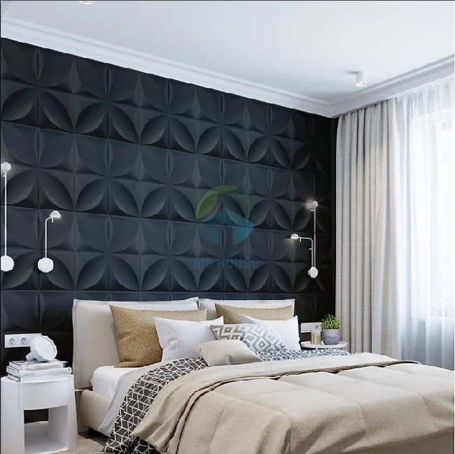 Mẫu gạch ốp tường phòng ngủ 3D màu đen cho không gian thêm phần đẳng cấp và sang trọng