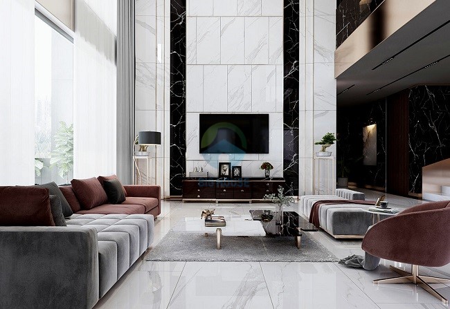 Mẫu gạch Catalan 12001 mang họa tiết vân đá marble nổi bật trên nền trắng là sự lựa chọn hoàn hảo cho nhiều không gian phòng khách