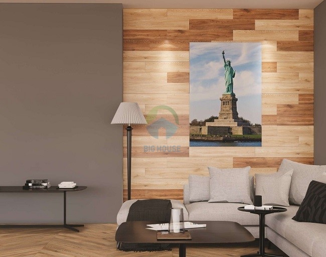 Những phòng khách theo phong cách hiện đại cũng có thể tạo ấn tượng bằng mẫu gạch ốp Viglacera NY GK15902 họa tiết vân gỗ