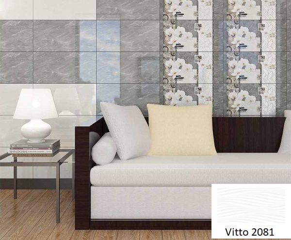 Hoặc bạn có thể tham khảo bộ gạch lát tường phòng khách Vitto 2081 – 2082 giả đá họa tiết điểm