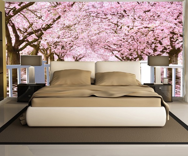 Mẫu gạch ốp tường 3D hoa anh đào hô biến phòng ngủ đẹp như trong tranh Nhật Bản