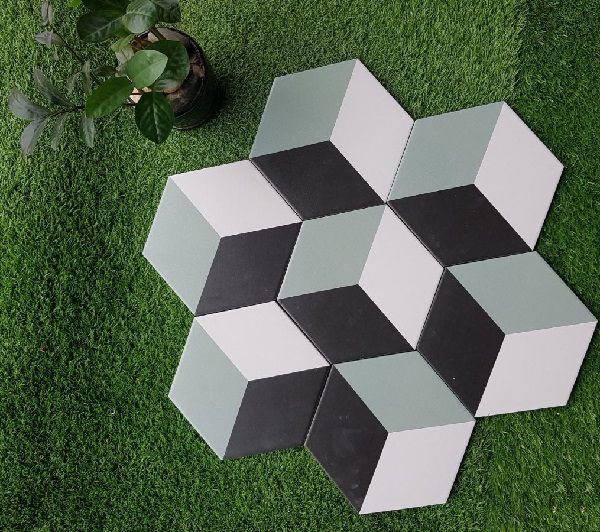 Mẫu gạch bông lục giác 3 màu xanh nhạt - đen - trắng tạo hiệu ứng 3D đặc sắc
