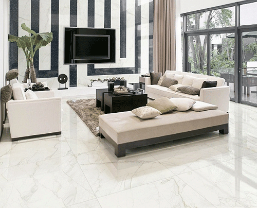 Gạch màu trắng vân đá nhẹ nhàng tinh tế cho phòng khách