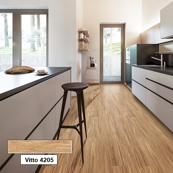 Bên cạnh đó, gạch Vitto 4205 vân gỗ cũng là một sự lựa chọn hoàn hảo cho nền phòng bếp 