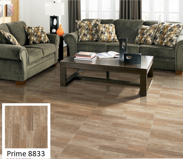 Mẫu gạch lát nền phòng khách Prime 8833 với tông màu nâu gỗ đa sắc cho không gian ấn tượng và nổi bật