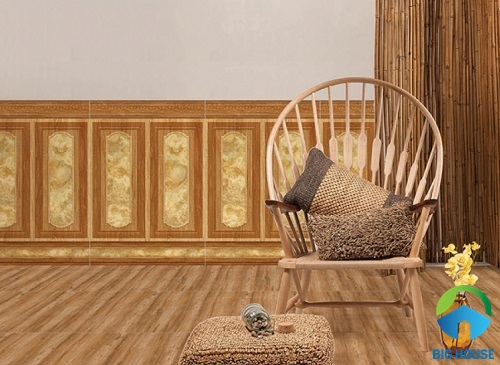Gạch ốp chân tường phòng khách màu nâu gỗ tương ứng với gạch lát nền mang lại sự sang trọng
