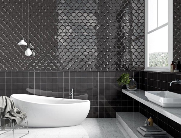 Gạch mosaic vảy cá kết hợp cùng gạch thẻ vuông mang đến vẻ đẹp sang trọng cho phòng tắm