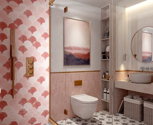 Bức tường phòng tắm đẹp nổi bật với gạch mosaic 3 màu tông hồng hình vảy cá