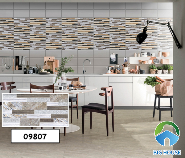 Với những không gian tường bếp rộng, bạn có thể ứng dụng trang trí mẫu gạch ốp điểm Prime 9807