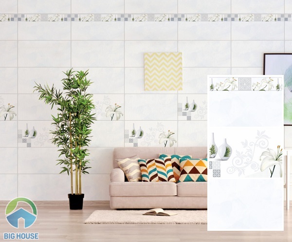 Ngoài ra, bạn có thể tham khảo các mã gạch 9950 - 9951 - 5952 của Prime. Bộ ba gạch ốp tường màu xanh ngọc, điểm hoa trắng mang đến cho phòng khách vẻ đẹp trang nhã, tinh tế. Sở hữu bề mặt trơn bóng rất thuận tiện cho việc vệ sinh, lau chùi. 