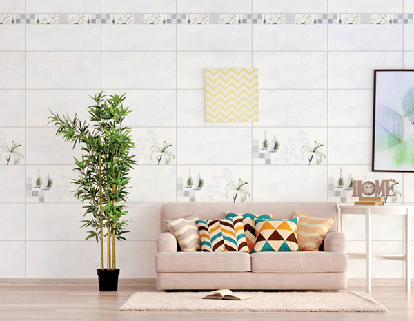 Mẫu gạch ốp tường phòng khách màu trắng kết hợp cùng gạch điểm và gạch viền
