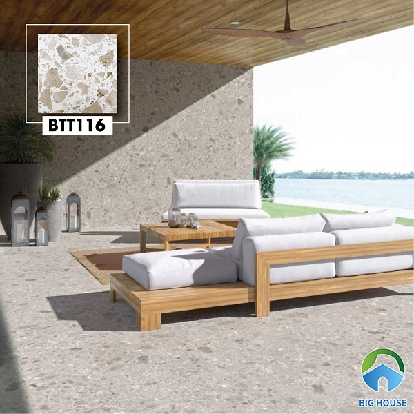 Với khu vực hiên nhà chịu tác động nhiều của ngoại cảnh, bạn cũng có thể sử dụng gạch terrazzo trang trí. Mã gạch BTT116 họa tiết đá màu nâu nhạt có khả năng chịu lực tốt, bền màu theo thời gian.