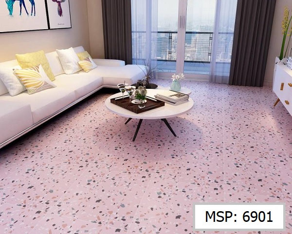 Phòng khách sử dụng gạch terrazzo 600x600 6901 lát nền màu hồng tạo nên nét đẹp đầy tinh tế và cuốn hút.