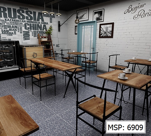Gạch terrazzo 600x600 6909 màu xám được sử dụng để tô điểm cho không gian quán cà phê đẹp ấn tượng.