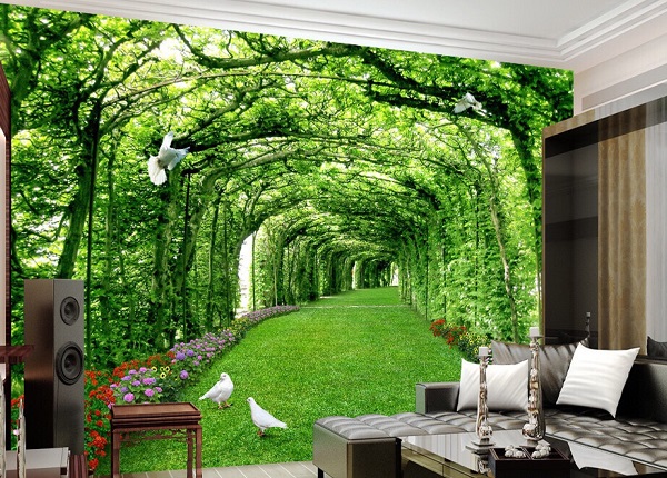 Phòng khách tươi mát và được mở rộng hiệu quả với mẫu gạch 3d rừng cây